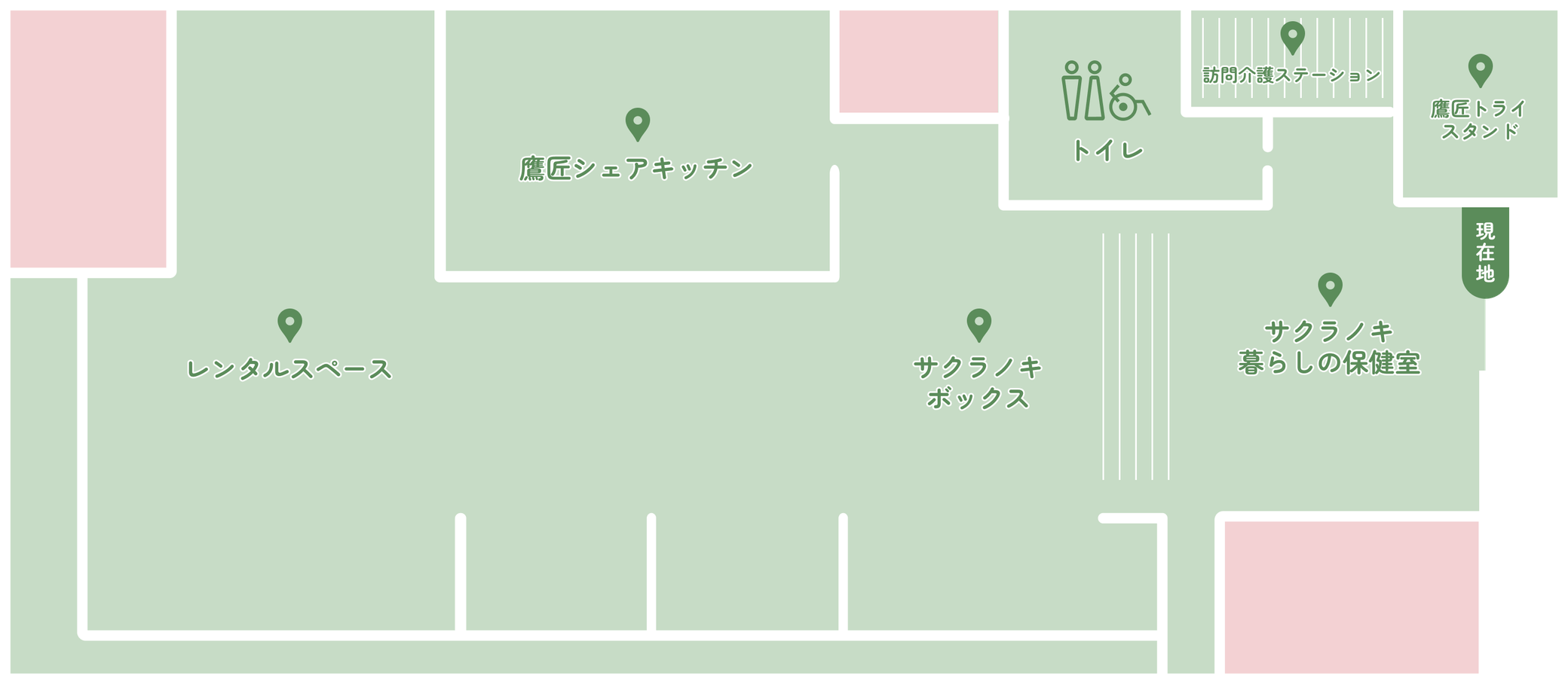 1F館内マップ。レンタルスペース・鷹匠シェアキッチン・サクラノキボックス・サクラノキ暮らしの保健室・鷹匠トライスタンド・訪問介護ステーション・トイレの配置図