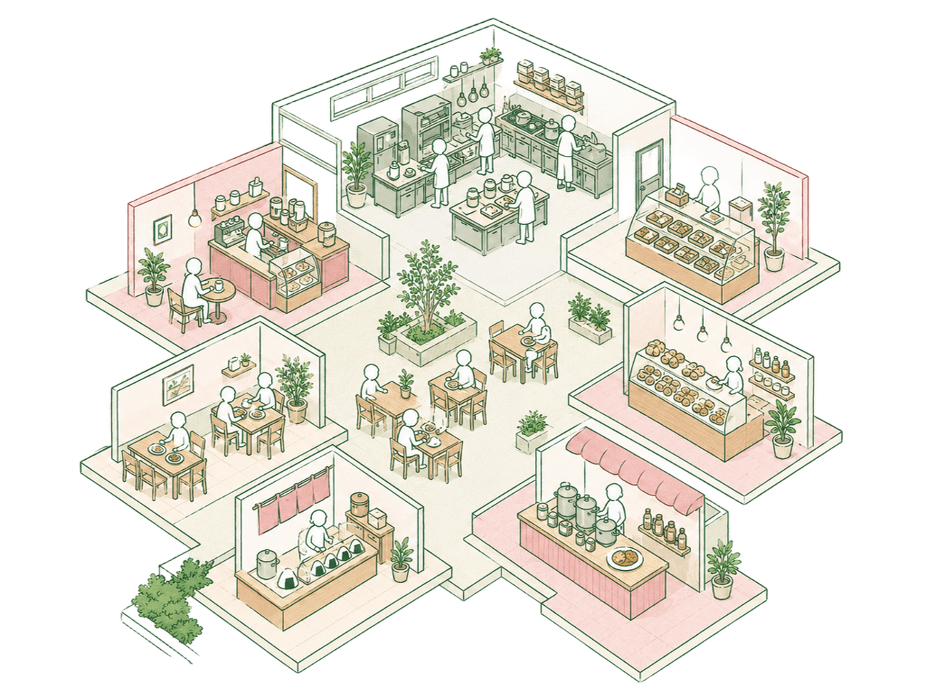 シェアキッチンで開ける色々なお店のイラスト